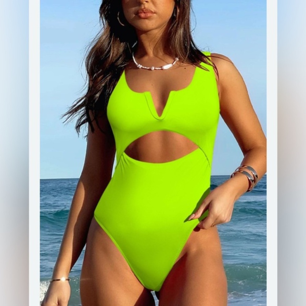 Meyeeka Neon Green Women's Cutout One Piece Tummy Control Swimsuit Size L